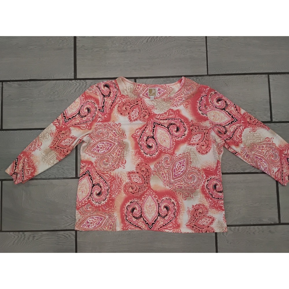 JM Collection Petite Womens XL Coral Pink Paisley 3/4 Sleeve Scoop Neck Top